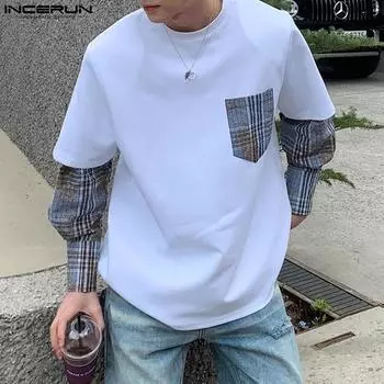 INCERUN свободные мужские свитера с длинным рукавом осенние лоскутные клетчатые свободные топы S чёрный
