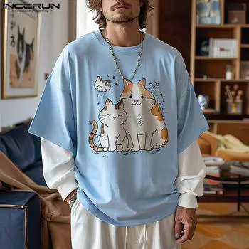 INCERUN свободные мужские весенние топы с длинным рукавом и милым мультяшным принтом повседневные лоскутные топы M чёрный