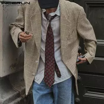 INCERUN свободный весенний пиджак мужской с лацканами и длинным рукавом в клетку с принтом повседневные свободные пальто 4XL красный