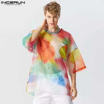 INCERUN Tie Dye See Through мужские сетчатые свободные топы с короткими рукавами