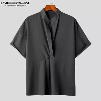 INCERUN Тонкие летние мужские повседневные топы с воротником-стойкой и короткими рукавами