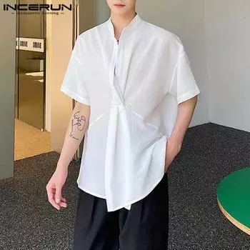 INCERUN тонкие летние мужские топы с воротником-стойкой и короткими рукавами