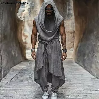 INCERUN Two Picecs Мужской однотонный жилет без рукавов с капюшоном и оборками, асимметричные брюки, комплекты S зелёный