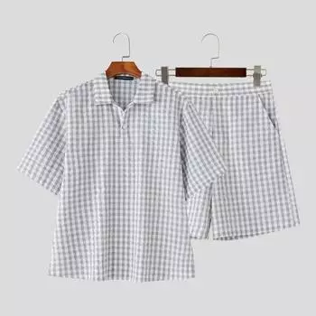 INCERUN Two Piece Sets Summer Plaid Men Short Sleeve Shirts Shorts Pants Outfits Home Wear 4XL