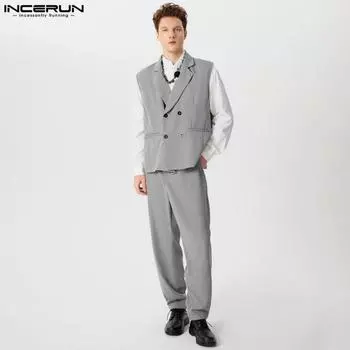 INCERUN костюм из двух частей мужской двубортный пиджак без рукавов жилет брюки деловые комплекты 3XL зелёный