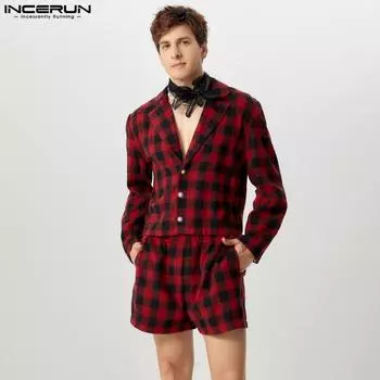INCERUN Two Piece Suit Men Lapel Velvet Long Sleeve Tops Short Pants SCasual Plaid Outfits Sets S белый