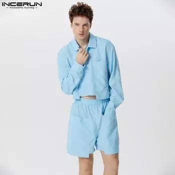 INCERUN Костюм из двух частей для мужчин с длинным рукавом, укороченная рубашка, шорты, комплект с карманами и брюками 3XL чёрный