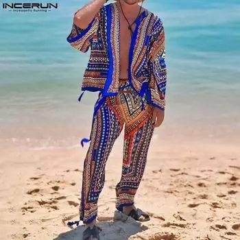 INCERUN Костюм из двух частей для мужчин с принтом, рукавами 3/4, кардиганом и брюками, пляжные костюмы для отдыха S синий
