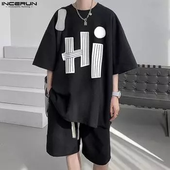 INCERUN Two Piece Suit Men Round Neck Short Sleeve Printed Tops And Shorts Sets