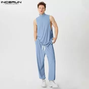 INCERUN Костюм из двух частей для мужчин, водолазка без рукавов, трикотажные топы, длинные брюки, комплекты S зелёный