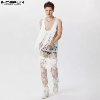 INCERUN Костюм из двух частей: безрукавка, сетчатый прозрачный жилет с кисточками и сетчатые брюки S чёрный