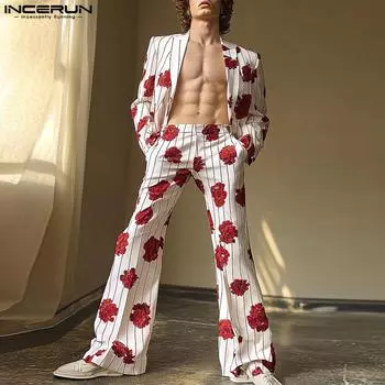INCERUN Two Pieces Men Lapel Long Sleeve Striped Thin Blazer Pants Floral Print Casual Sets XL красный