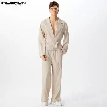 INCERUN Двухсекционный мужской пиджак с отворотом и длинным рукавом, тонкий повседневный комплект из двух предметов XL фиолетовый