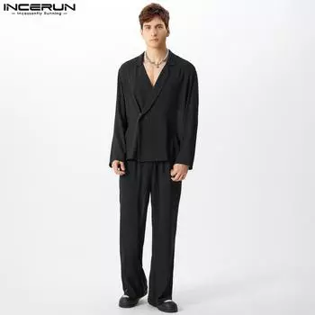 INCERUN Two Pieces Men Lapel Neck Striped Thin Blazer Long Suit Pants Casual Outfits Sets 3XL чёрный