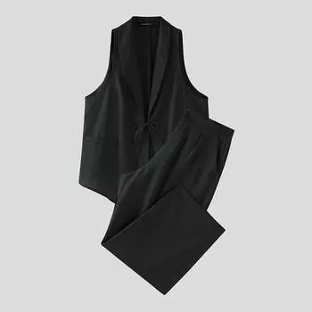 INCERUN Two Pieces Men Striped Sleeveless Vest and Zip-up Long Suit Pants Sets S