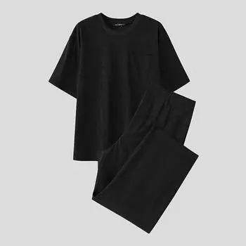 INCERUN Two Pieces Outfits Men Lapel Neck Corduroy Short Sleeve T-Shirt Long Harem Pants Sets S