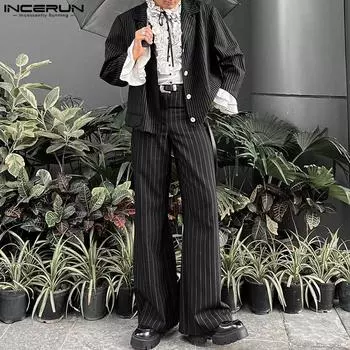 INCERUN Two Pieces Outfits Men Lapel Neck Striped Shirt Long Straight Pants Sets 2XL темно-синий