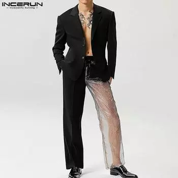 INCERUN Two Pieces Outfits Men Lapel Neck Blazer Shirt Long Mesh Patchwork Pants Sets 4XL чёрный