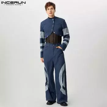 INCERUN Two Pieces Outfits Men Lapel Striped Short Jackets Long Straight Pants Sets S темно-синий