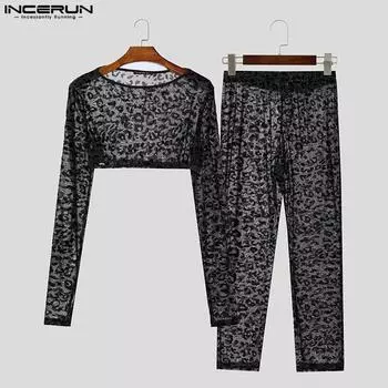 INCERUN Two Pieces Summer Men Mesh Sheer Set See Through Crop Tops Pants Outfit 2XL чёрный