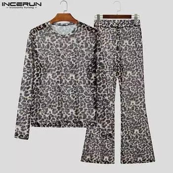 INCERUN Two Pieces Summer Men Mesh Sheer Leopard Print Set See Througg Pants Club Outfit S чёрный