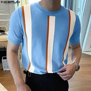INCERUN Весенне-осенние мужские цветные топы с короткими рукавами