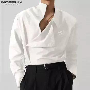 INCERUN Весенние элегантные мужские однотонные рубашки с длинными рукавами S чёрный