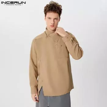 INCERUN Весенние элегантные мужские однотонные рубашки с длинными рукавами S чёрный