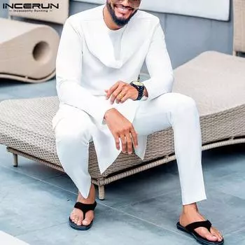 INCERUN Весенние белые мужские топы и длинные брюки, костюмы из 2 предметов S белый