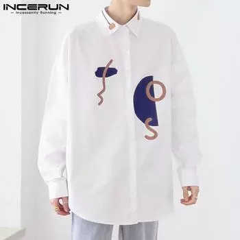 INCERUN Весенние мужские белые рубашки с длинными рукавами и принтом