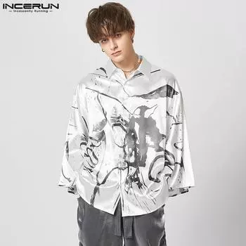 INCERUN Весенние мужские черные рубашки с принтом и длинными рукавами