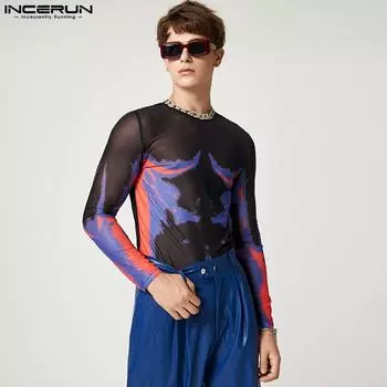 INCERUN Весенние мужские цветные полупрозрачные топы с вышивкой 2XL синий