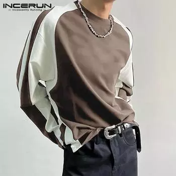 INCERUN Весенние мужские цветные топы с длинными рукавами
