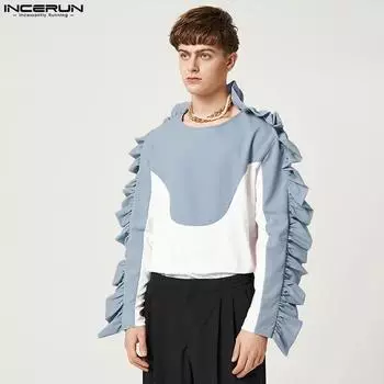 INCERUN Весенние мужские цветные топы с длинными рукавами и строчкой