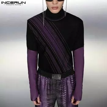 INCERUN Весенние мужские цветные топы с высоким воротником и длинными рукавами XL чёрный