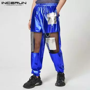 INCERUN Весенние мужские длинные брюки с эластичной резинкой на талии и сеткой в стиле пэчворк