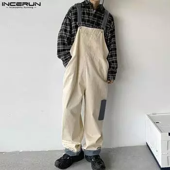 INCERUN Весенние мужские длинные комбинезоны с цветными ремешками L бежевый