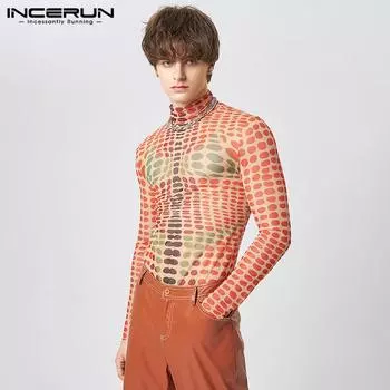 INCERUN Весенние мужские дышащие топы с длинным рукавом и прозрачным принтом с высоким воротником