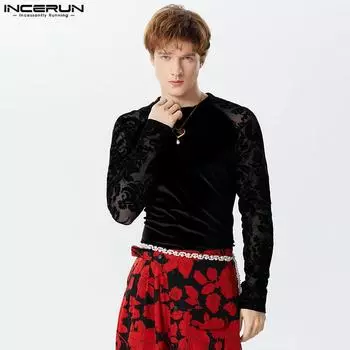 INCERUN Весенние мужские кружевные сетчатые лоскутные бархатные топы с длинными рукавами и цветочным принтом