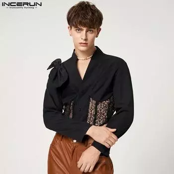 INCERUN Весенние мужские кружевные укороченные топы в стиле пэчворк