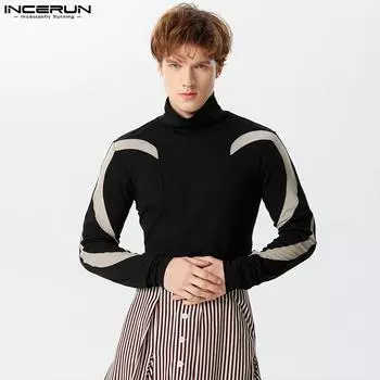 INCERUN Весенние мужские лоскутные свитера Slim Fit с высоким воротом 2XL чёрный