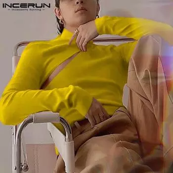 INCERUN Весенние мужские облегающие топы с вырезом и воротником для вечеринок 4XL чёрный