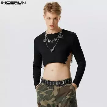INCERUN Весенние мужские однотонные короткие топы с длинными рукавами и цепочкой