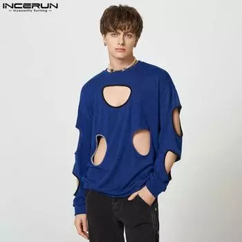 INCERUN Весенние мужские однотонные полые топы