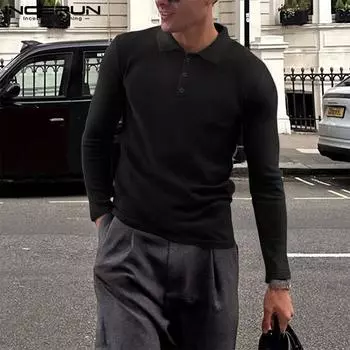 INCERUN Весенние мужские однотонные повседневные футболки с воротником-лацканами и длинным рукавом 4XL чёрный