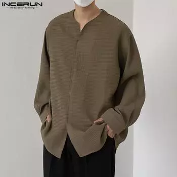 INCERUN Весенние мужские однотонные повседневные рубашки с длинными рукавами и топы