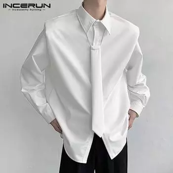 INCERUN Весенние мужские однотонные рубашки с длинными рукавами