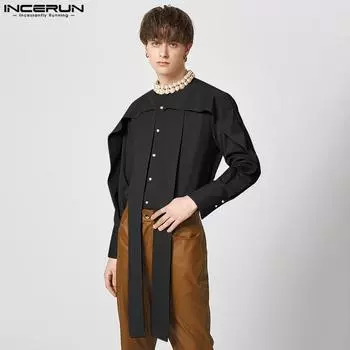 INCERUN Весенние мужские однотонные рубашки с рюшами и лентой 4XL