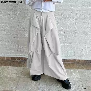 INCERUN Весенние мужские однотонные свободные широкие брюки на молнии на молнии