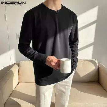 INCERUN Весенние мужские однотонные свободные топы с длинными рукавами